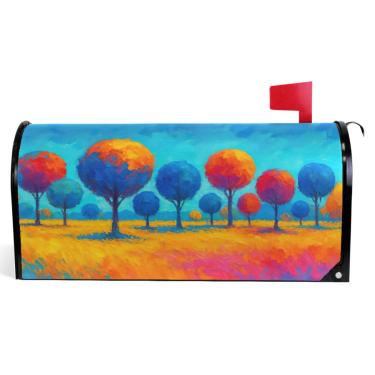 Imagem de TSENQUE Capas magnéticas decorativas para caixa de correio de primavera envoltórios de caixa de correio de vinil férias à prova de intempéries decoração árvores coloridas azul laranja tamanho padrão