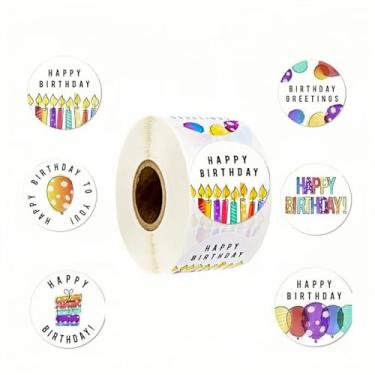 Imagem de Hiiooweiyi Adesivos de feliz aniversário, redondos, à prova d'água, autoadesivos, multicoloridos, desenhos animados, redondos de 3,8 cm, 500 etiquetas por rolo, perfeitos para decoração de festas e