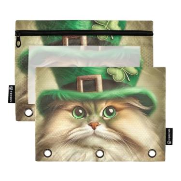 Imagem de GAIGEO Bolsa para lápis, fichário com 3 argolas, engraçado, gatinho de São Patrício, com zíper, sacos decorativos para fichários escolares transparentes, 25 x 18 cm, 2 pacotes