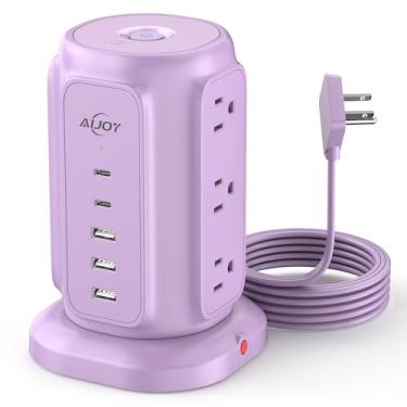 Imagem de AiJoy Torre De Tomada Com Plugue Plano, 9 Tomadas E 5 Portas Usb (2 Usb-C), Protetor Contra Surtos De 1200 J Com Cabo De Extensão De 1625 W E 6,5 Pés Com Várias Tomadas Para Dormitório, Escritório D