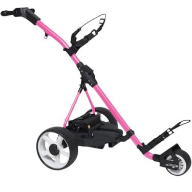 Imagem de Carrinho de golfe elétrico Weekender, suporte motorizado leve rosa com bateria de lítio, porta USB, moldura dobrável de 3 rodas, porta-cartões de pontuação e guarda-chuva, rodas de 66,7 cm