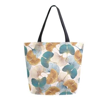 Imagem de Vuiyean Sacola feminina dourada e azul-petróleo com folha de ginkgo com bolso com zíper, reutilizável, sacola de compras de supermercado, bolsa de ombro grande para viagem