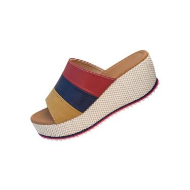 Imagem de Chinelo feminino casual primavera verão confortável combinando cor boca de peixe bico aberto um pé grosso inferior anabela, ideal para uso versátil, Vermelho, 36