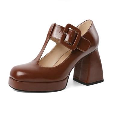 Imagem de YODEKS Sapato social feminino salto alto bico quadrado Mary Jane salto grosso plataforma, Couro sintético marrom, 37