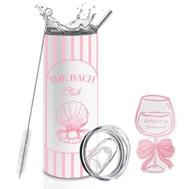 Imagem de BUZCOZY Cartão de pedido de dama de honra e conjunto de copo de 590 ml, copo isolado para despedida de solteira The Bach Club com canudo e tampa, presente Will You Be My Bridesmaid para chá de panela