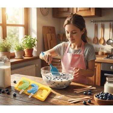 Imagem de Moldes de picolé de desenho animado infantil, moldes de sorvete de silicone de grau alimentício de cavidade, com palitos reutilizáveis, design plano antiaderente