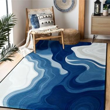 Imagem de AQQA Tapete de área 12 x 18 cm azul e branco abstrato lavável, tapete antiderrapante, tapetes grandes de lã sintética fina para sala de estar, quarto, casa de fazenda, sala de jantar, sala de jogos