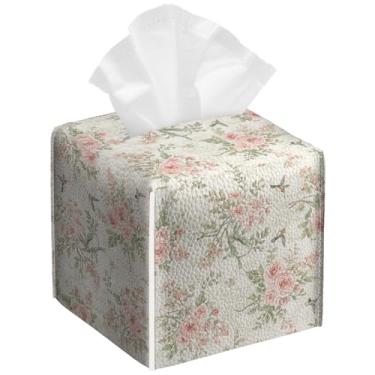 Imagem de Pacote com 2 capas de caixa de lenços de papel de couro sintético floral quadrado floral pássaro PU organizador de papel facial à prova d'água para banheiro, cozinha, casa, escritório, carro