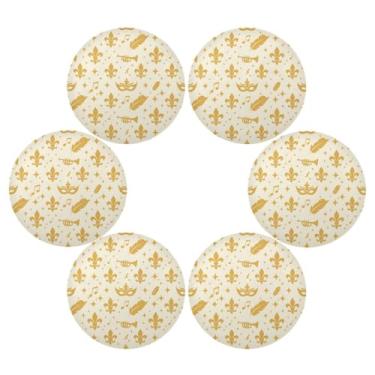 Imagem de Wassud Jogo americano conjunto de 6 tapetes de mesa redondos amarelos carnaval para cozinha e jantar tapetes laváveis resistentes ao calor para decoração de mesa 39 cm