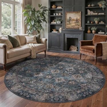 Imagem de Arvenchy Tapete redondo grande de 1,8 m: tapetes redondos para sala de estar, sala de jantar, entrada e quarto - Tapete circular macio antiderrapante lavável - Vintage azul-marinho