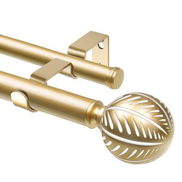 Imagem de KAMANINA Varões de cortina duplos de madeira de 2,5 cm para janelas de 5,5 a 10 pés, varões de cortina decorativos longos e resistentes, varões de cortina de madeira Boho com acabamentos em padrão de