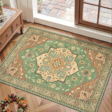 Imagem de SERISSA Tapetes de 5 x 7 cm para entrada, lavável, antiderrapante, tapete de entrada interna, tapete oriental vintage macio para cozinha, quarto, banheiro, verde terracota