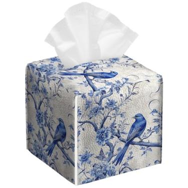 Imagem de Pacote com 2 unidades, vintage, flores azuis, caixa de lenços, quadrado, floral, couro PU, porta-lenços de papel, à prova d'água, dispensador de papel facial para banheiro, cozinha, casa, escritório