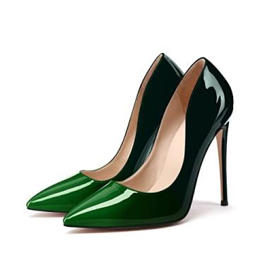 Imagem de XINIUNIU Sapatos de salto alto para mulheres, salto largo, couro envernizado gradiente, 4,7 polegadas/12 cm, sapatos formais, sexy, fashion, stiletto, sapatos de casamento, bico fino, Verde esmeralda