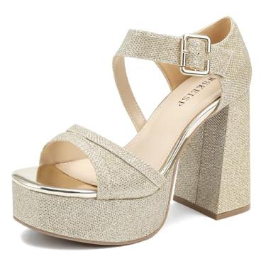 Imagem de WSKEISP Sandálias femininas de salto alto plataforma com bico quadrado na moda, preto, branco, rosa, prata, dourado, salto alto, tira no tornozelo, festa, vestido de casamento, Dourado, 39