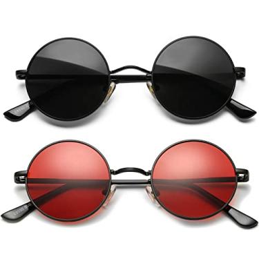 Imagem de AIEYEZO Óculos de sol redondos retrô para homens e mulheres óculos de sol polarizados modernos vintage pequenos óculos de sol redondos, Pacote com 2 (preto/cinza + preto/vermelho-oceano), MM