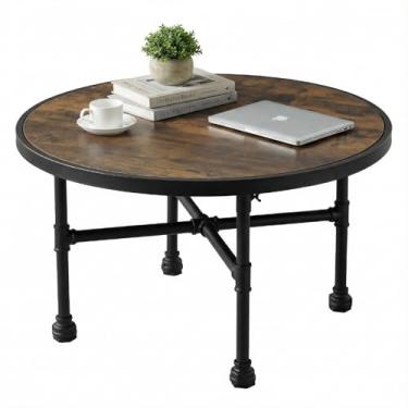 Imagem de Mesa de centro industrial grande redonda de madeira para sala de estar, mesa central de fazenda moderna com armazenamento - mesas de centro circulares de madeira