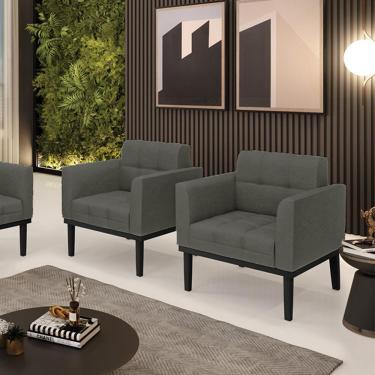 Imagem de Kit 2 Poltronas Decorativas Karen Pés Fixo em Madeira Preto Linho Cinza Mesclado G19 - Gran Belo