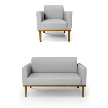 Imagem de Conjunto Poltrona e Namoradeira Decorativa Isabella Pés Fixo em Madeira Castanho Linho Cinza G19 - Gran Belo