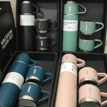 Imagem de Kit Garrafa Térmica Vacuum Flask Set 500ml Com 3 Xícaras - SWEET HOME