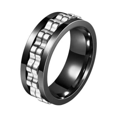 Imagem de Anel Giratório Antiestresse Masculino Em Aço Inoxidável Preto Com Engr