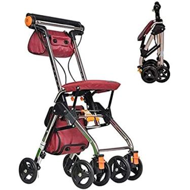 Imagem de Andador rolante de 4 rodas dobrável leve com assento acolchoado, freios com trava, alças ergonômicas e bolsa de transporte, auxílio à mobilidade para idosos adultos, vermelho