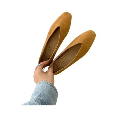 Imagem de Sapatilhas Femininas Amarelas De Bico Quadrado, Slip-On, Estilo Bailar