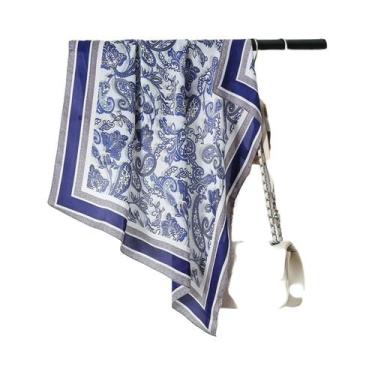 Imagem de Lenço De Seda Satinado Feminino De 70cm Com Estampa De Flor De Caju, A