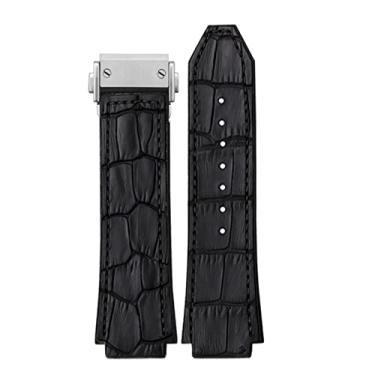 Imagem de GANYUU 25 * 19mm Pulseira de borracha de couro de vaca real para HUBLOT Classic Fusion Universe Big Bang Series Men Belt Watch Band Butterfly Buckl (Cor: fivela de prata preta, Tamanho: 26-19mm)