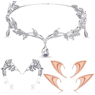 Imagem de Conjunto de 7 peças para cosplay de elfo inclui orelhas de elfo strass, tiara Pixie tiara tiara punho de orelha para fada Halloween fantasia casamento baile, Prata, Tamanho Único