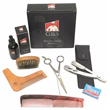 Imagem de G.B.S Professional Barba Kit-5.5” Corte e Estilo Tesoura, Condicionado Petróleo, javali cerdas Beard Brush, Barber reta da borda da Navalha Shavette, 7" Vestir Comb, Couro + lâminas
