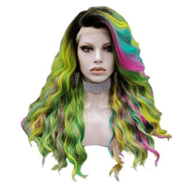 Imagem de Peruca verde arco-íris, ondulada, sintética, lace frontal, peruca feminina de fibra resistente ao calor