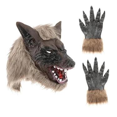 Imagem de YIJU Máscara de Lobo Holloween Lobisomem Máscara de Terror Lobo PU Adereços Novidade Meia Face Lobo Headwear para Bares Palco Clubes de Performance Festas, luvas de máscara