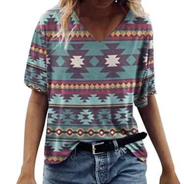 Imagem de Camisas ocidentais para mulheres com estampa solta asteca vintage étnica tribal geométrica Casual Tops de verão havaiano Top Túnica Gola V Camisa de de Camiseta redondo C10-Verde X-Large