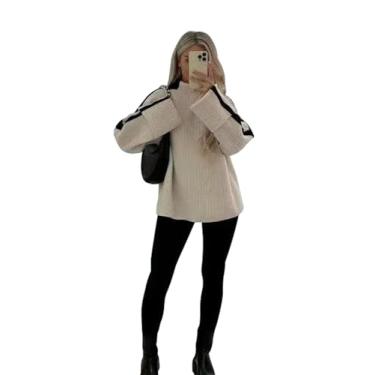 Imagem de yoeasy Suéter feminino de malha canelada com gola rolê e manga comprida, Bege, G