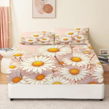 Imagem de Bhoyctn Jogo de cama solteiro de 4 peças pintadas margaridas rosa - Durma melhor do que nunca com estes lençóis de cama ultramacios e refrescantes para sua cama de solteiro - Bolso profundo para