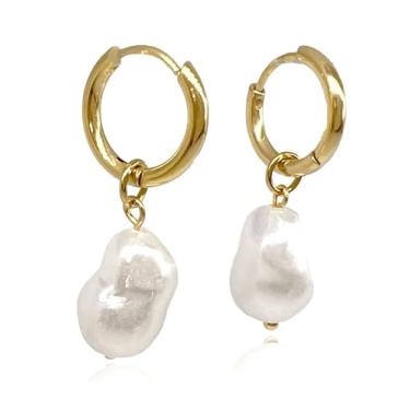 Imagem de BelleKarat Brincos de argola pequenos dourados Huggie com pérola | Gotas de flores | Brincos pendentes banhados a ouro 18K para mulheres, Aço inoxidável, Pérola