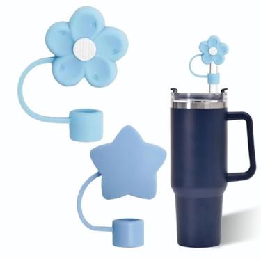 Imagem de Capa de palha de estrela azul e flor para copo Stanley de 40 e 850 g, tampa de cobertura de palha de silicone de 10 mm para acessórios de copo Stanley, lindo topo de palha para copos, tampa de palha