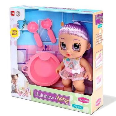 Imagem de Boneca Baby Papinha Articulada com Acessórios Rainbow Olhão Verde Roxo