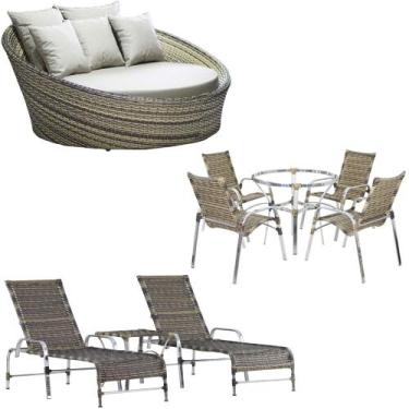 Imagem de Kit 4 Cadeiras E Mesa 2 Espreguiçadeiras 1 Chaise Alumínio Trama - Tra