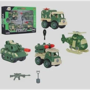 Imagem de Kit 4 Carrinhos Militar Helicóptero Tanque Monta Desmonta. - DM TOYS