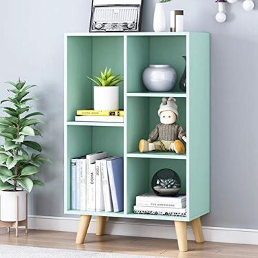Imagem de Estante de madeira aberta IOTXY – Estante de armário com 3 níveis de piso com pernas, 5 cubos, estante de livros verde Tiffany-Green