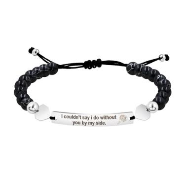 Imagem de Uloveido Pulseira de aço inoxidável ajustável tecida à mão com contas turquesa preta, gravada com "I Am Such A Lucky Bride To Have You By My Side", um presente para seu noivado e casamento SJY4294,