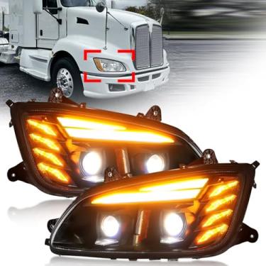 Imagem de Conjunto de faróis de desempenho de LED completo com luzes de seta brancas DRL e âmbar compatíveis com semi caminhões KENWORTH T170 T270 T370 T440 T470 T660 T800 Series (um par)