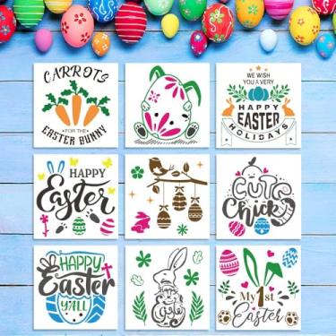 Imagem de 9 peças estênceis de páscoa para pintura em madeira, ovos de coelhinho da páscoa estêncil de plástico reutilizável cenouras coelhos estêncil palavras de páscoa feliz modelos de pintura para festa de páscoa primavera faça você mesmo decoração de casa