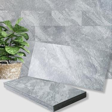 Imagem de AULIGET 20 peças de azulejos de parede com revestimento de parede de 15,2 x 30,5 cm PVC cinza mármore falso para cozinha, banheiro, lavanderia, acampamento, lareira