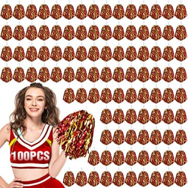 Imagem de 100 peças de pompons metálicos de líder de torcida com alça de bastão, pompom de líder de torcida, 30 g, flores de mão para crianças, adultos, espírito de equipe, festa esportiva torcida (vermelho e dourado)