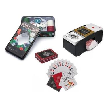 Imagem de Kit Poker 100 Fichas + Embaralhador De Cartas + 2 Baralhos - Kadê