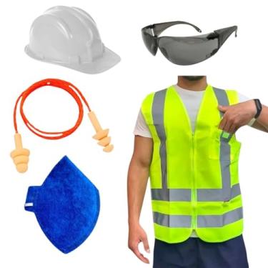 Imagem de Kit Obra Capacete de Proteção Óculos Croma Colete Refletivo Protetor Auricular Máscara PFF2 EPI (Branco, XG)