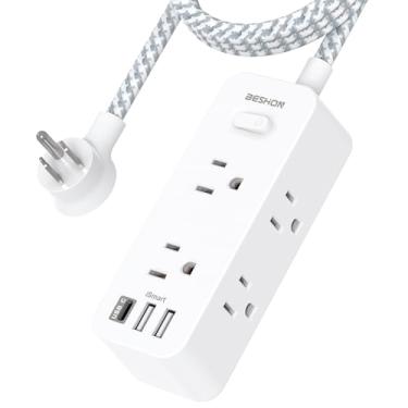 Imagem de BESHON Cabo De Extensão De 25 Pés, Protetor Contra Surtos De Energia, 6 Tomadas Com 3 Portas Usb (1 Tomada Usb C), Extensor De Tomada De 3 Lados, Montagem Na Parede, Compacto Para Viagens, Casa, Esc